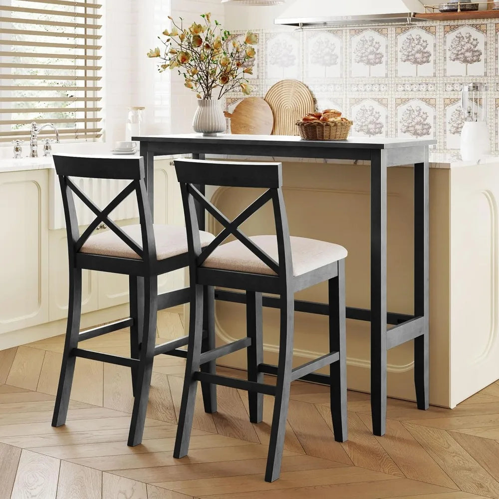3 Piece Dining Bar Table Set, Counter Height Bar Table and Chair Set Farmhouse Kitchen Table Set with 2 Upholstered Chairs for K