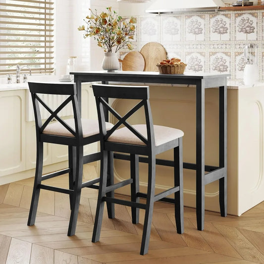3 Piece Dining Bar Table Set, Counter Height Bar Table and Chair Set Farmhouse Kitchen Table Set with 2 Upholstered Chairs for K
