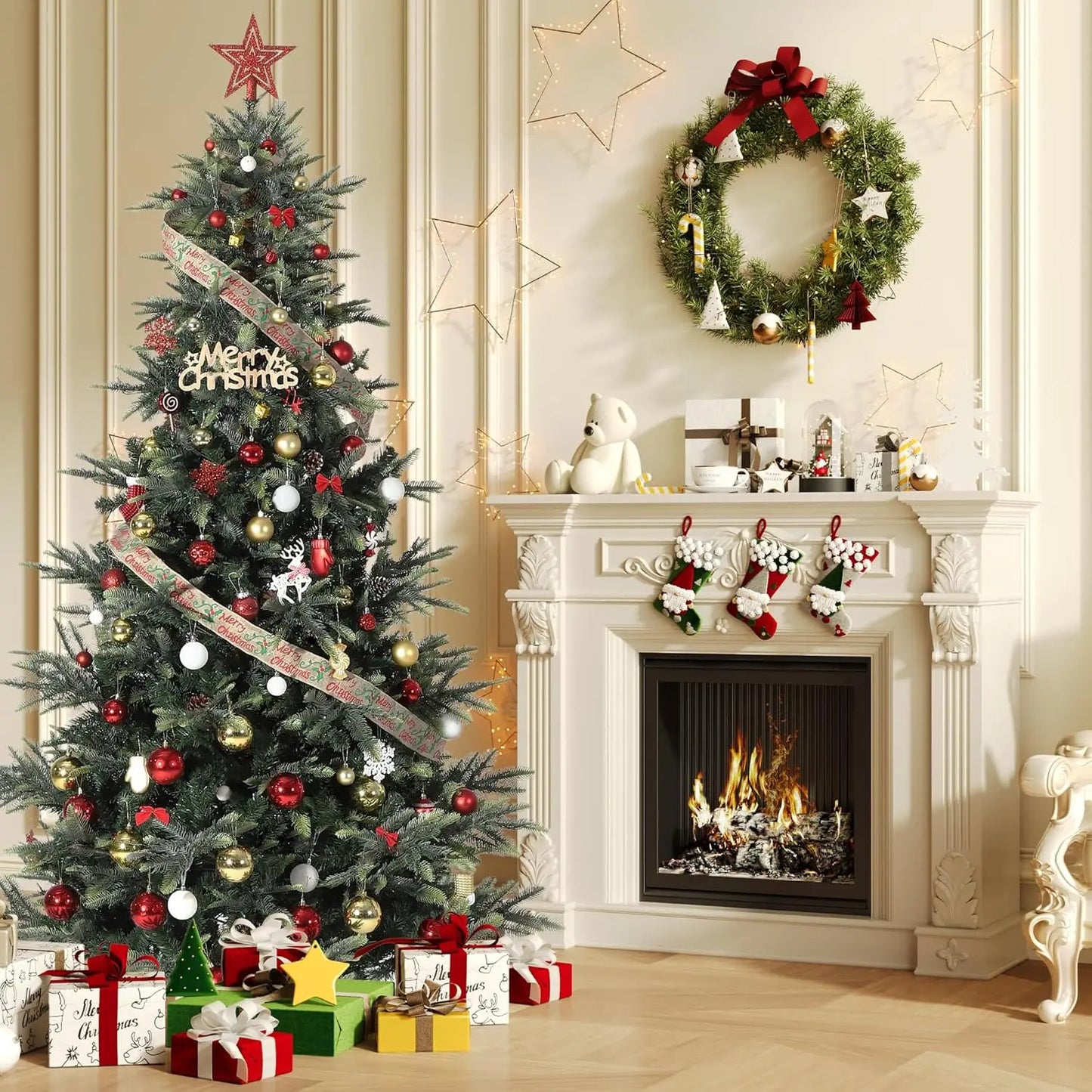 4.5/7.5/9 FT Artificial Pre-lit Christmas Tree Green PVC Christmas Tree With Warm White Lights For Home Office Xmas Party Decor