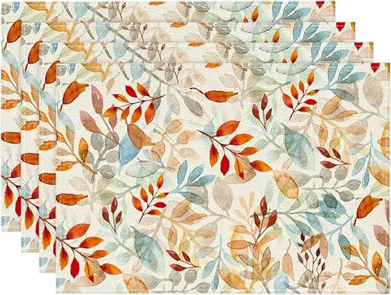 eucalyptus leaves fall placemats set of 4, 12x18 inch seasonal autumn harvest table mats for outdoor home party dining decorati