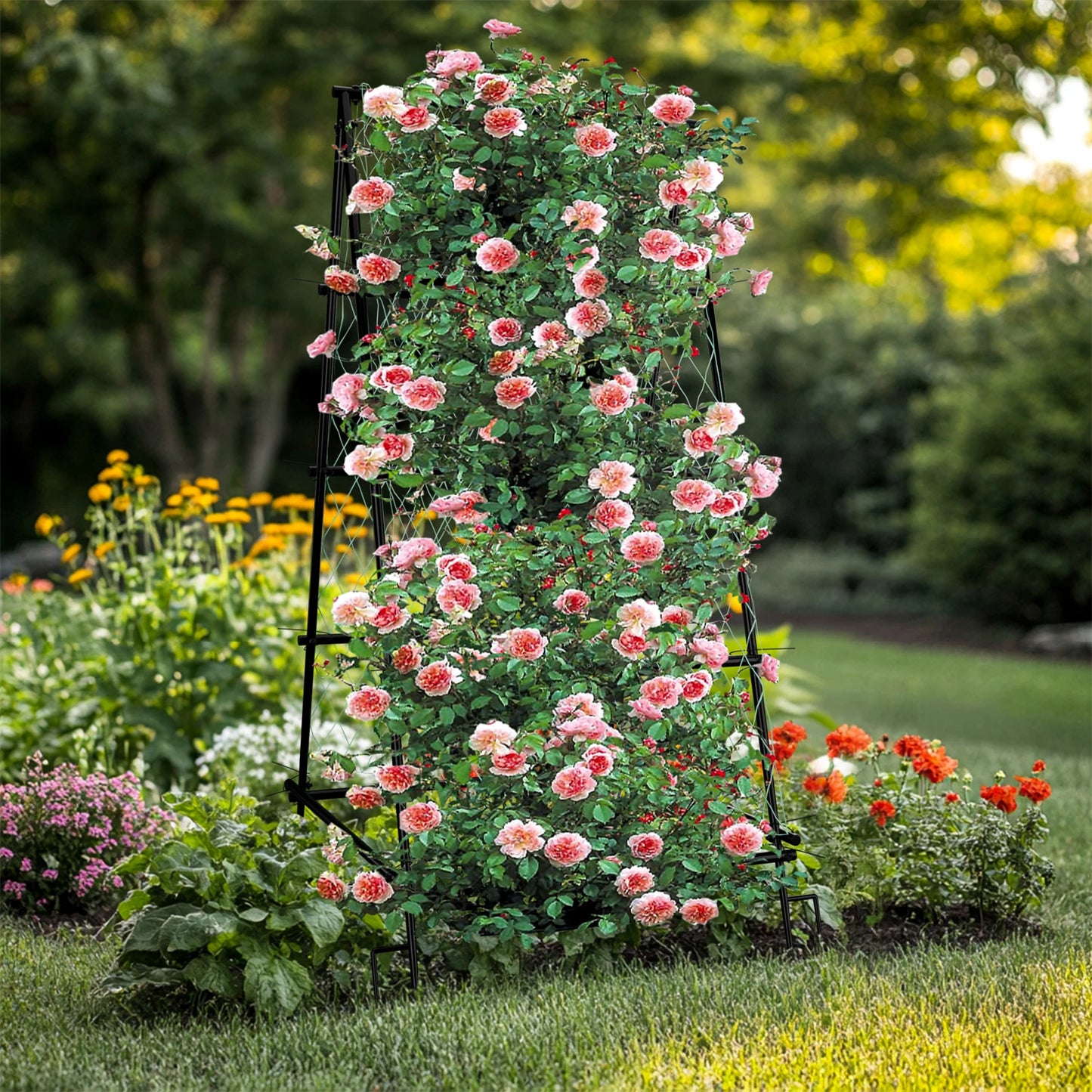 A-Shaped Garden Trellis Climbing Plants Grow Support Frame with Nylon Netting for Beans, Grape Vine, Cucumber, 105CM Tall