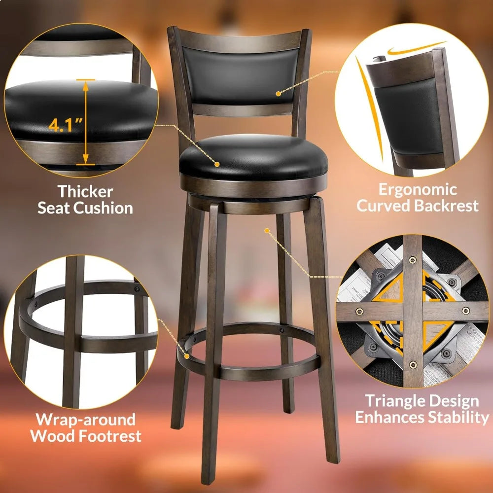 Swivel Bar Stools Set of 2, 34 Inch Extra Tall Bar Height Barstools, Black Faux Leather Bar Stool with High Backrest, Solid Woo