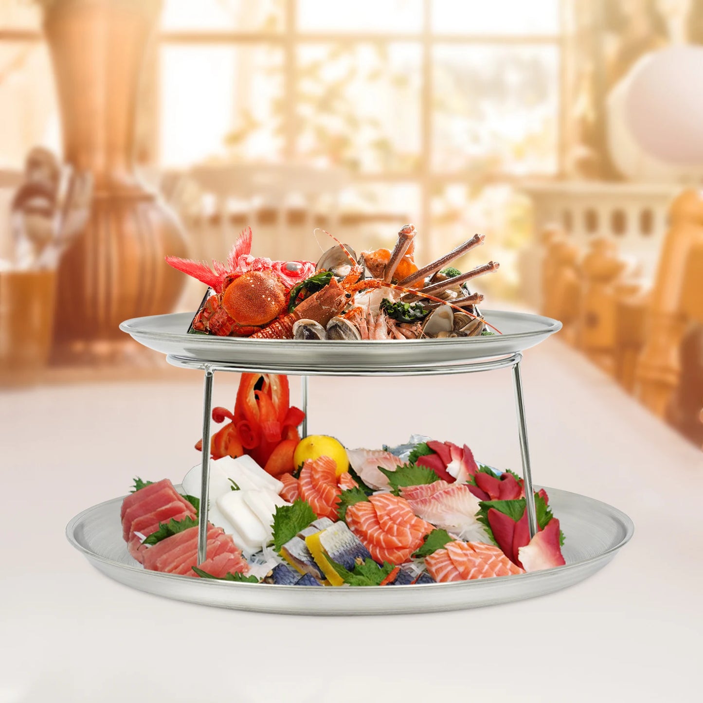 2-Tier Seafood Serving Plate Set, 20cm & 25cm Round Metal Tray with Stand, Silver Appetizer Dish, Sushi Tray, Party Platter