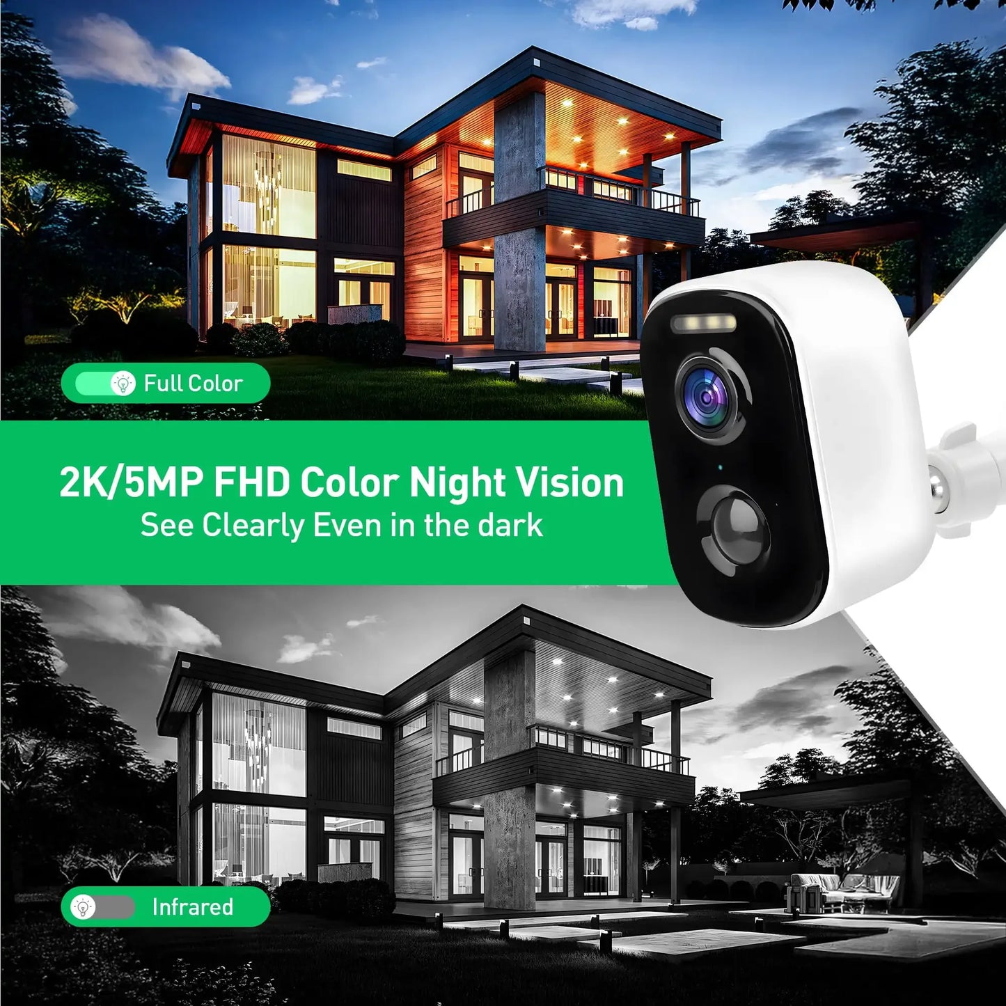 2K/5MP Wireless Outdoor Security Camera,PIR Detection2.4GWiFi Rechargeable Battery Powered with Color Night Vision,Two-Way Audio