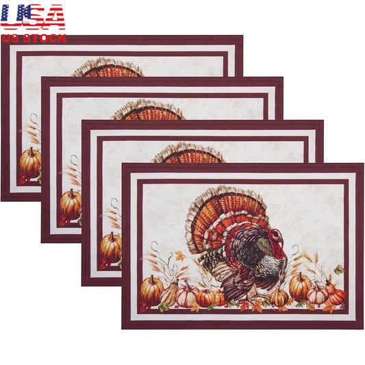 Harvest Turkey Placemats Set of 4 Durable Polyester Table Linens Easy Care Vintage Print Thanksgiving Kitchen Decor
