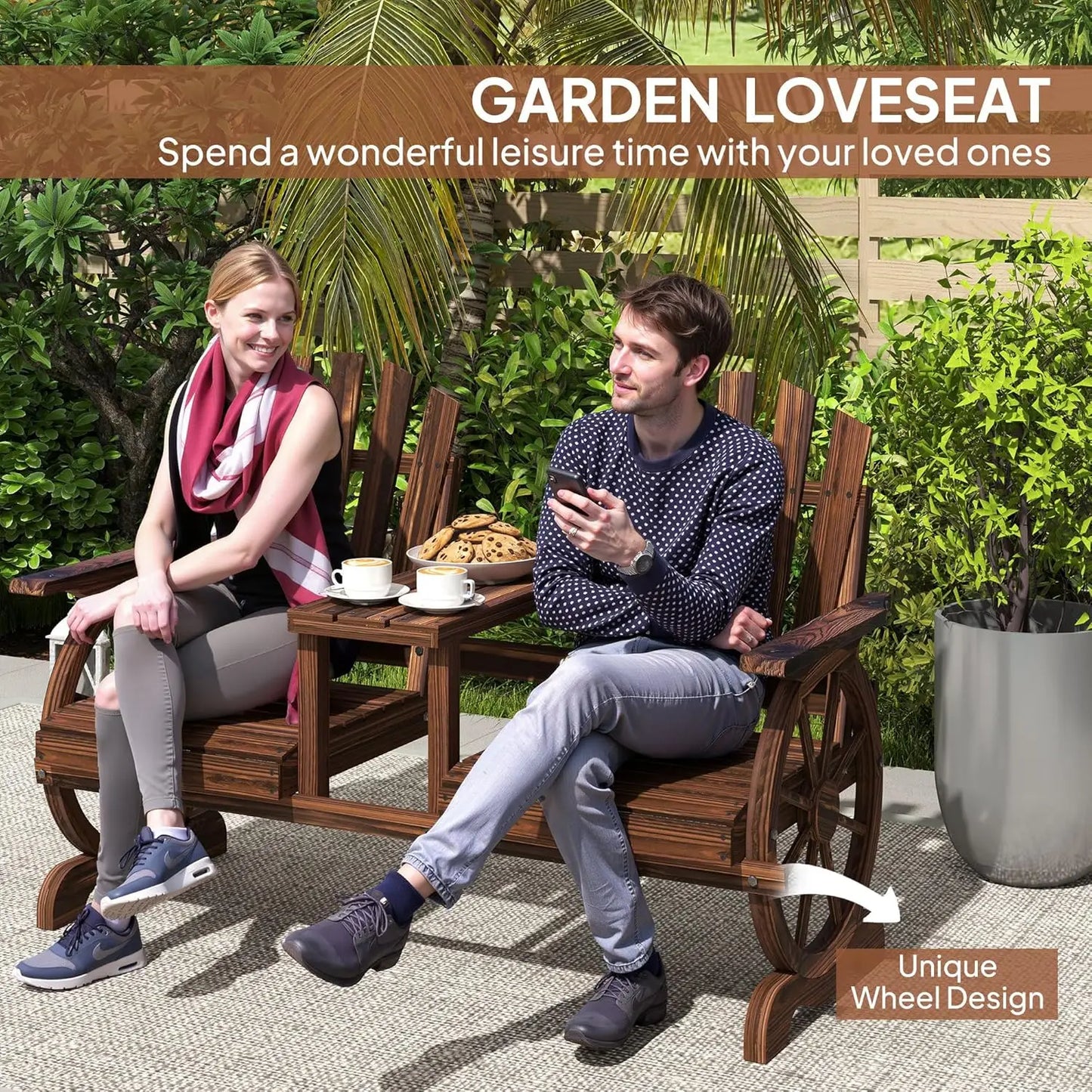Wooden Garden Bench with Table, Umbrella Hole, 2-Seat Wagon Wheel Outdoor Bench with Slatted Seat, High Backrest, Armrests