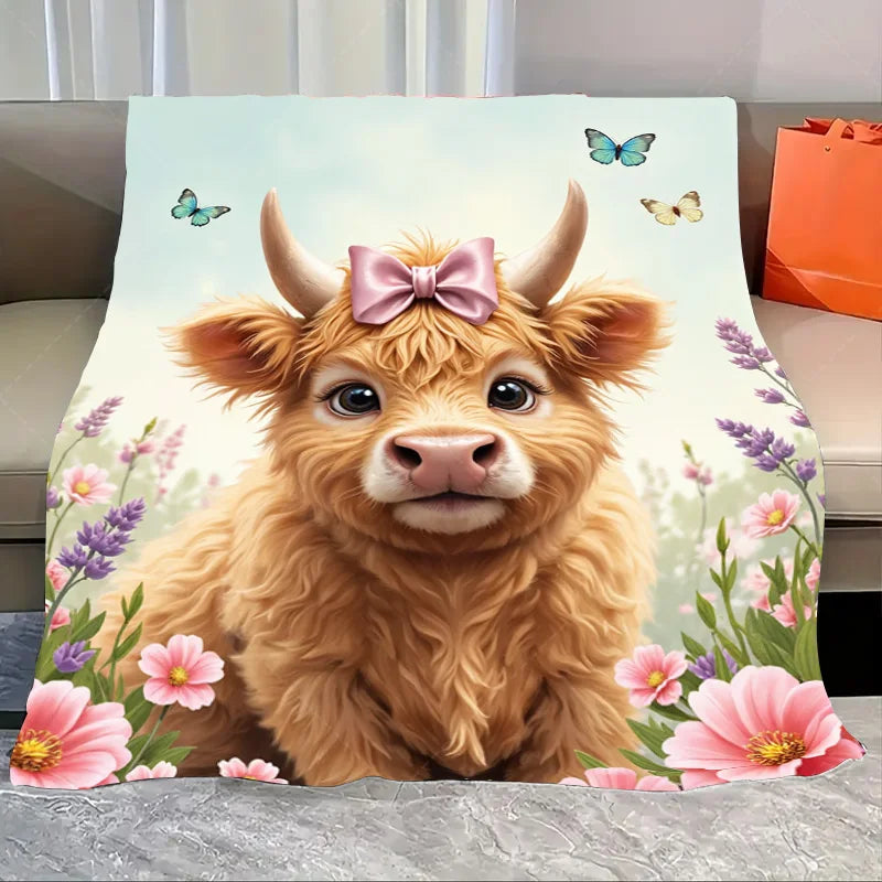 1pc Flannel Blanket Autumn Highland Cow Fleece Blanket - Cozy Fall Scene Throw