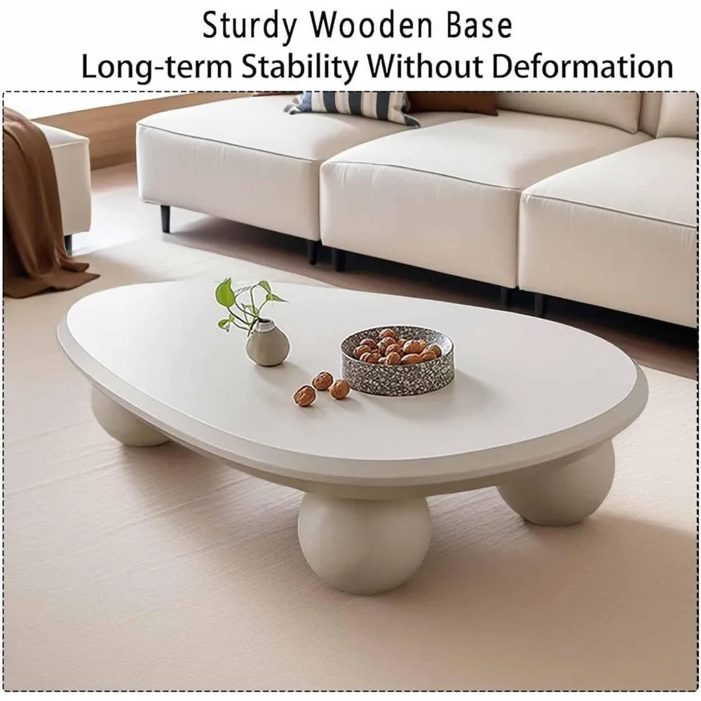 White Modern Coffee Table Cloud Shape Low Coffee Table Cartoon Irregular Indoor Accent Tea Table with 3 Round Ball Leg, for Livi