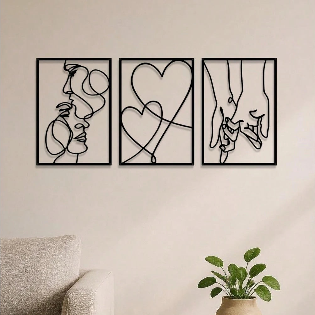 "3-Piece Romantic Metal Wall Art Set – Minimalist Couple Silhouette & Love Drawings | Decor for  Room| Ideal Couple Gifts"