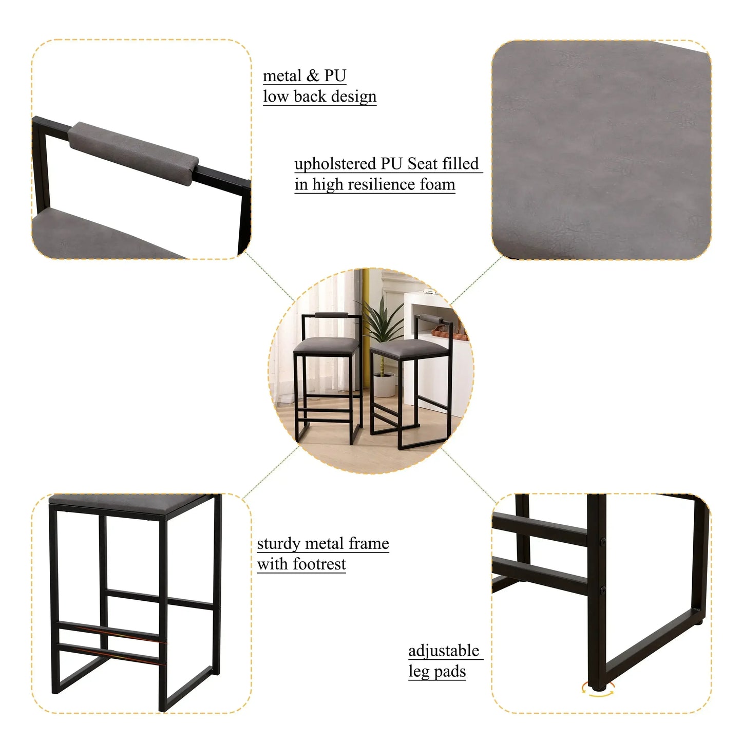 XMSJ.Counter Height Bar Stools Set of 2, Upholstered PU Barstools with Back, Modern Kitchen Island Chairs, Dining Room, Kitchen,