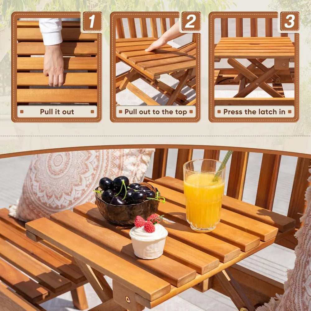 Outdoor Bench, 2-Person Garden Bench, Patio Wood Bench Outdoor Loveseat with Pull-Out Center Table for Backyard