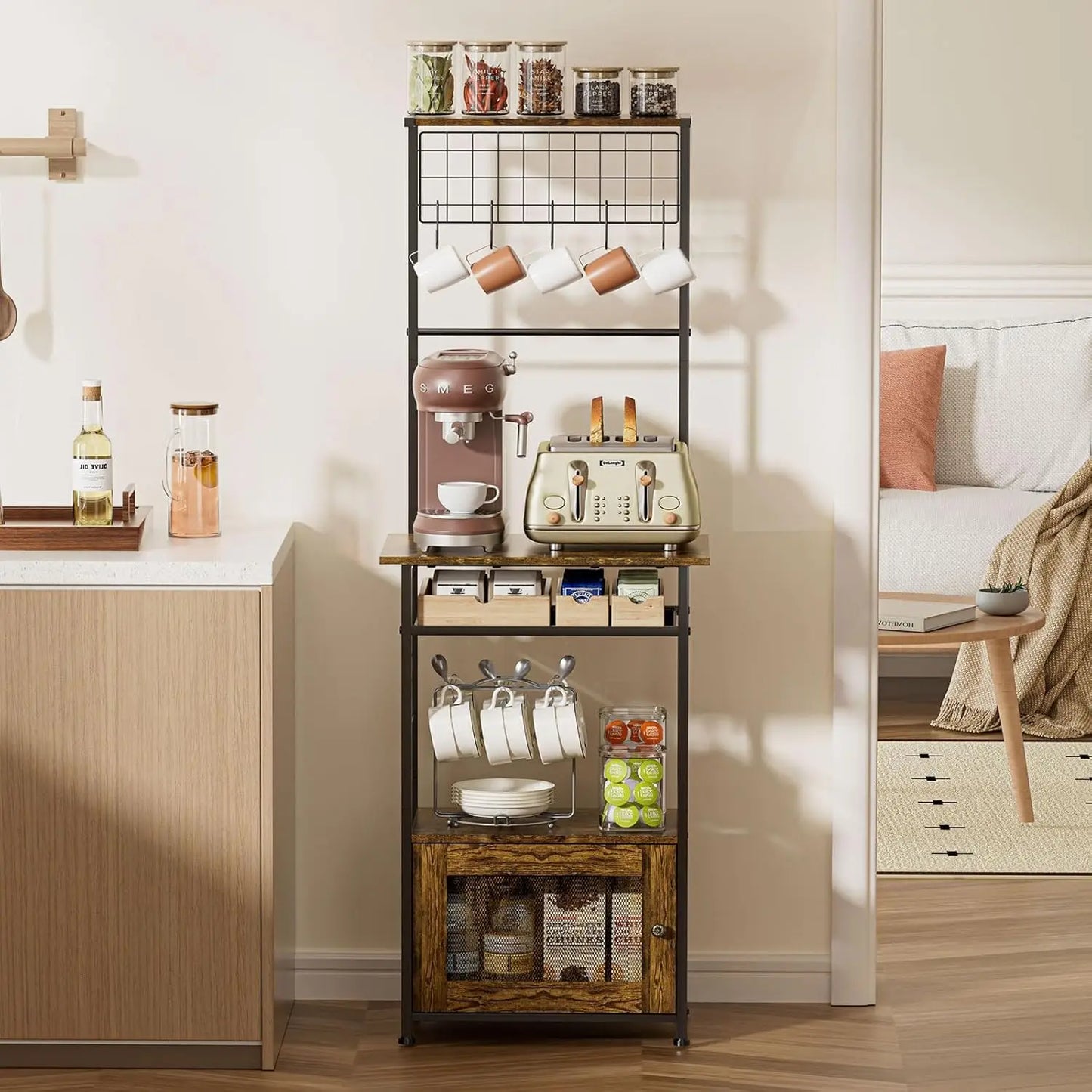 5 Tier Bakers Rack with Visual Cabinet, Coffee Bar Cabinet with 5 Hooks, 57.87”H Tall Microwave Stand for for Small Space