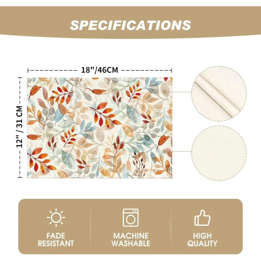 eucalyptus leaves fall placemats set of 4, 12x18 inch seasonal autumn harvest table mats for outdoor home party dining decorati