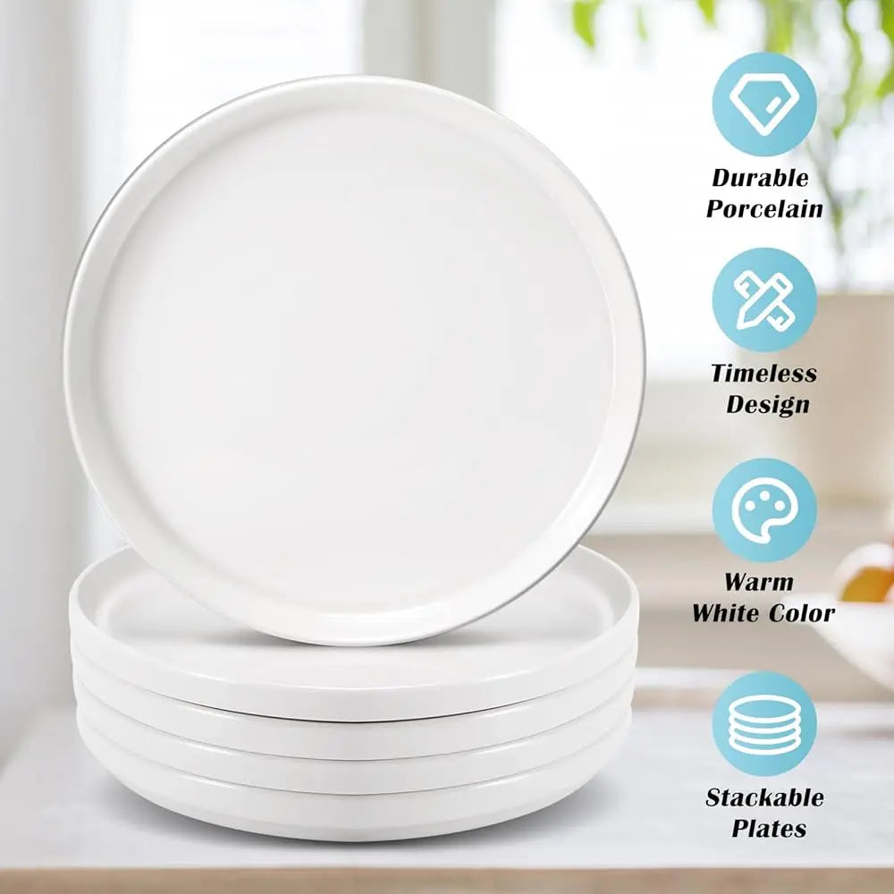 Porcelain Dinner Plates Set Of 6,8 H Round Dessert Salad Plates,White Ceramic Dinner Plate With Lipped Edges For Dessert Salad