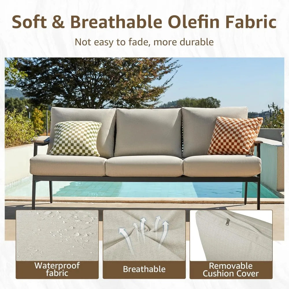 Patio Sofa Outdoor Furniture Metal Chair with Wicker Backrest & 6 Inches Cushion for Indoor, Front Porch, Deck,Balcony, Backyard