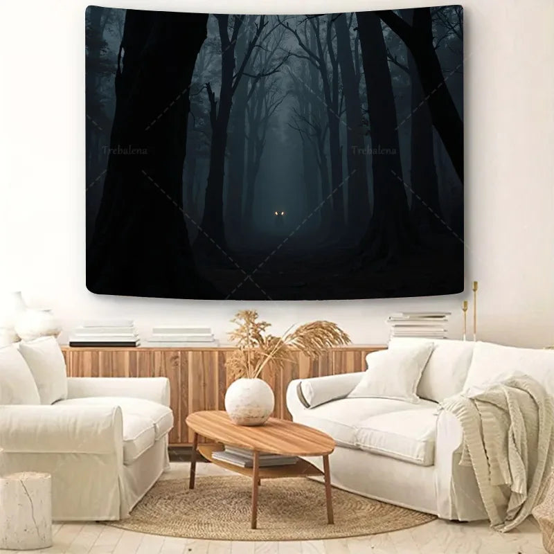 1pc Wall Tapestry Mystic Forest Tapestry - Dark Woods with Glowing Eyes, Spooky Night Scene Decor