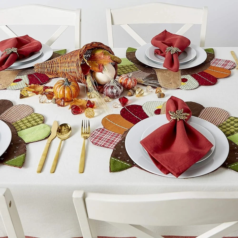 Thanksgiving Table Placemats Set 14x19 Embroidered Turkey Fall Decor 4 Count Elegant Home Accents Hand Wash
