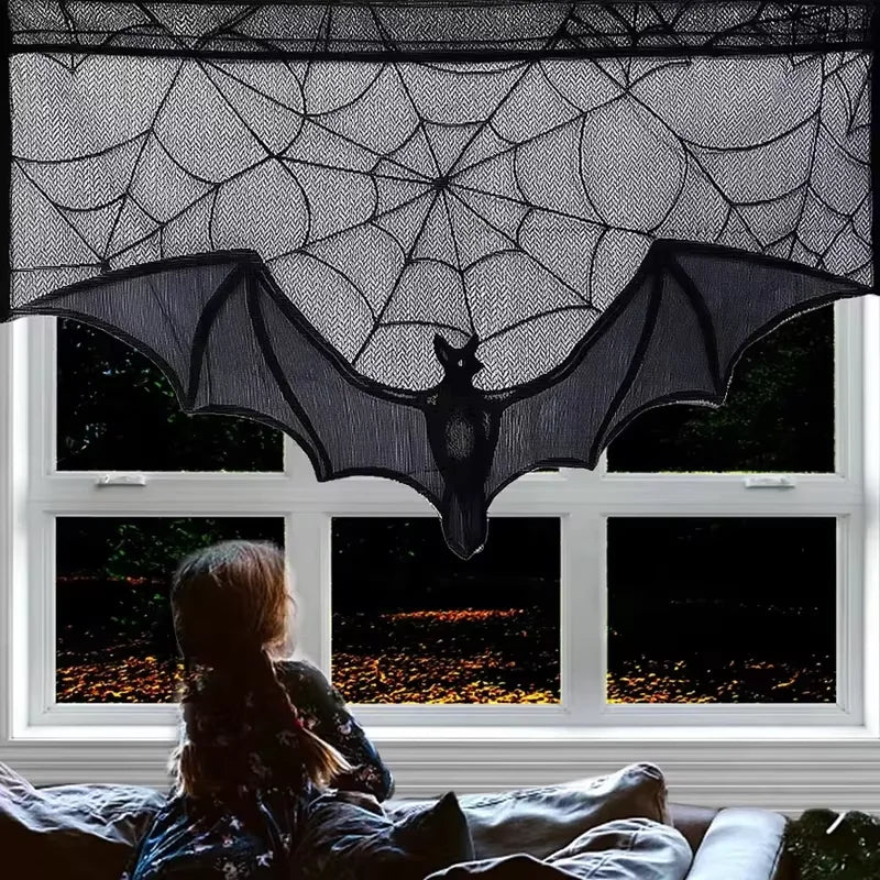 Halloween black bat lace curtains, spider web horror decoration for the living room mantelpiece tablecloth, home decoration