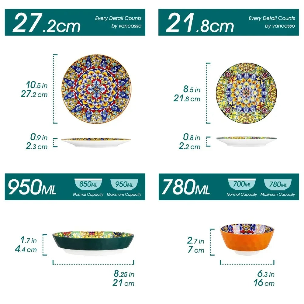 vancasso 12/16/24 Piece Ceramic Dinnerware Bohemia Retro Ceramic Dinnerware Set Free US Shipping Vibrant Colors Plates Bowls