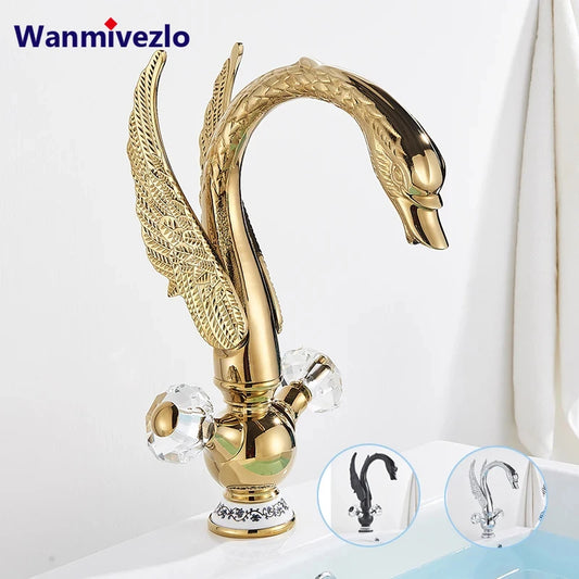 Wanmivezlo Luxury Europe Style Hot and Cold Water Basin Sink Faucet Deck Mounted Bathroom Faucet Gold Brass Crystal Handle
