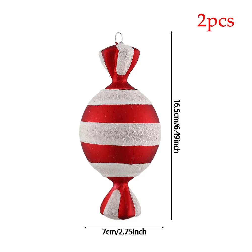 2pc 15cm Large Candy Pendant Christmas Decoration Red And White Lollipop PVC Painted Gold Xmas Tree Decora New Year Kids Gifts