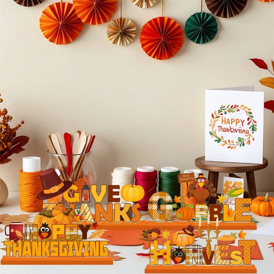 Harvest Pumpkin Centerpiece Fall Table Decor Autumn Thanksgiving Decoration Wooden Desk Ornament Turkey Letters