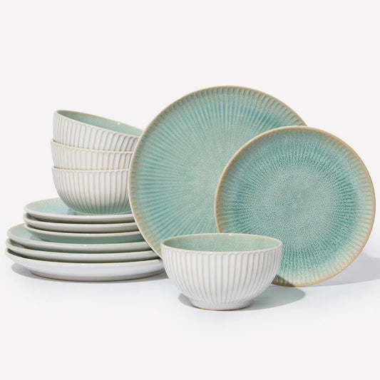Stoneware Dinnerware Sets, Round Reactive Glaze Ceramic Plates and Bowls Set, Dishwasher & Microwave Safe Dishes Set, Distinctiv