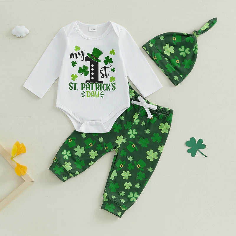St Patrick s Day Baby Boys Shamrock Print Round Neck Long Sleeve Rompers Long Pants Hat 3Pcs Outfit Set in Ireland Theme