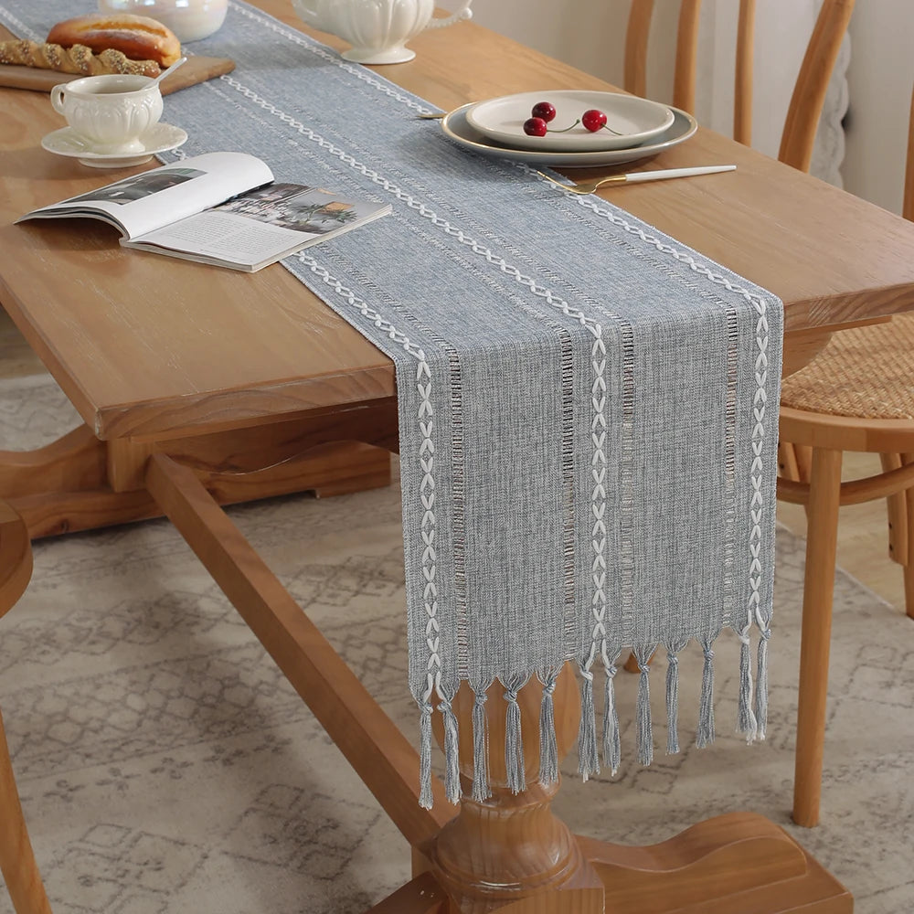MACT Rustic Table Runner with Tassels Cotton Linen Embroidered Table Runners for Dining Table Decorations Holiday Party Wedding