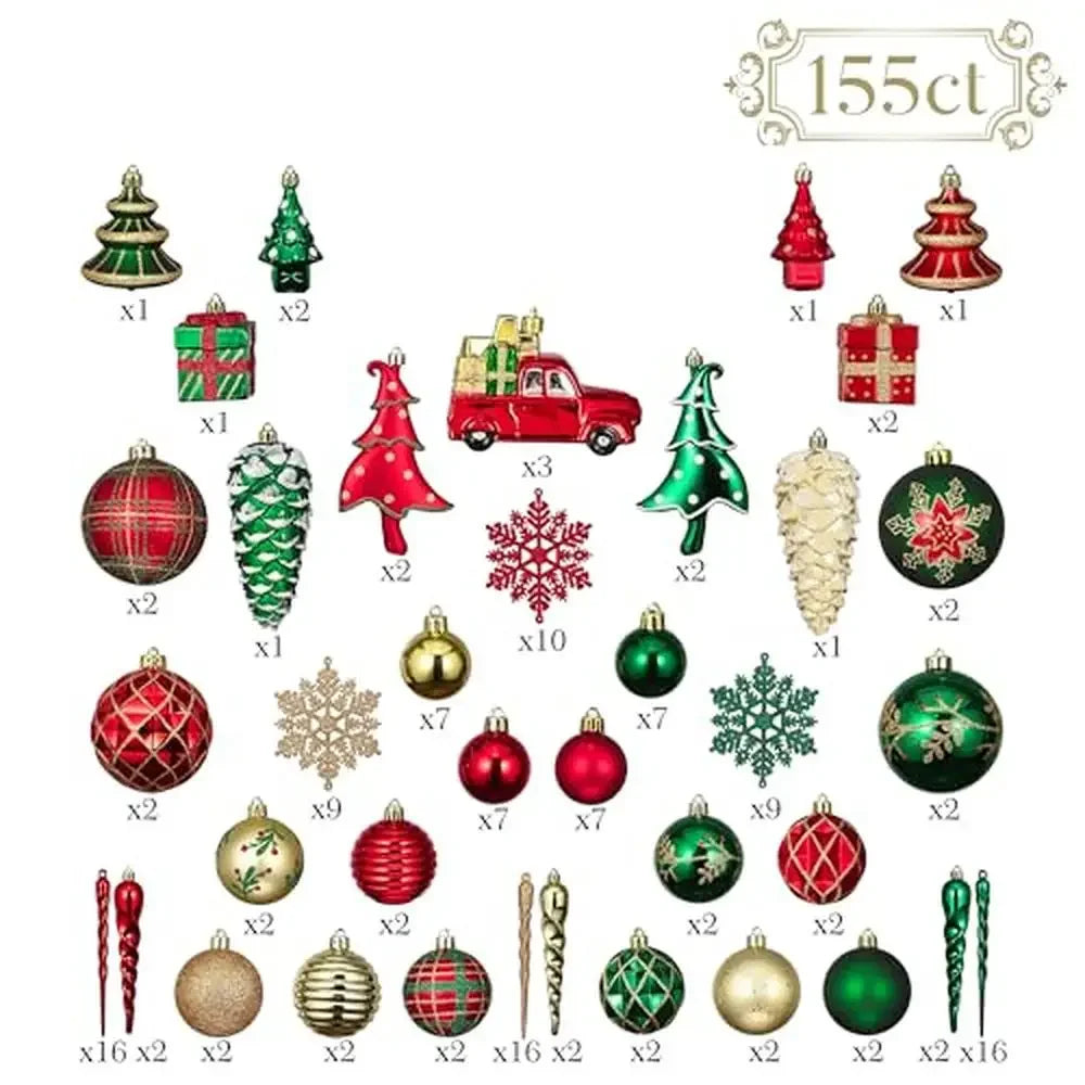 155ct Shatterproof Red Green Gold Christmas Ball Ornaments Set Traditional Country Decorations Bulk Festive Tree Holiday Hanging