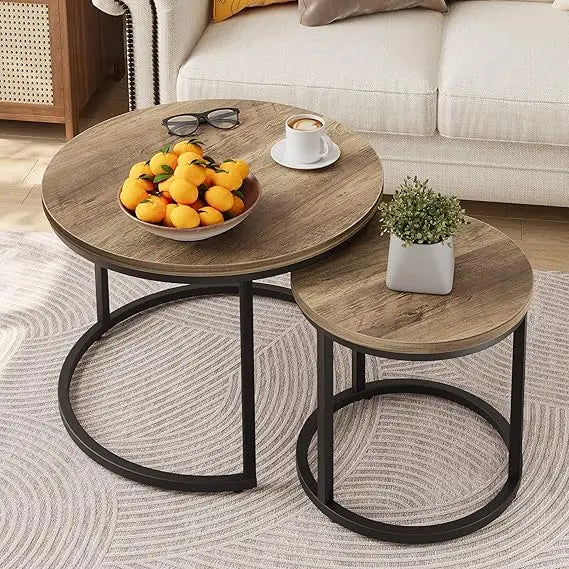Nesting Coffee Table Set of 2, 23.6" Round Coffee Table Wood Grain Top with Adjustable Non-Slip Feet, Industrial End Table Side