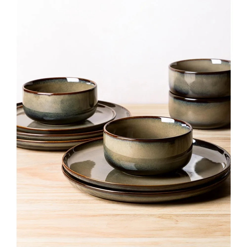 Handcrafted Terra Ceramic 8-Person Dinnerware Set with 24 Reactive Glazed Pieces, Including Plates and Bowls, Durable and Oven-S