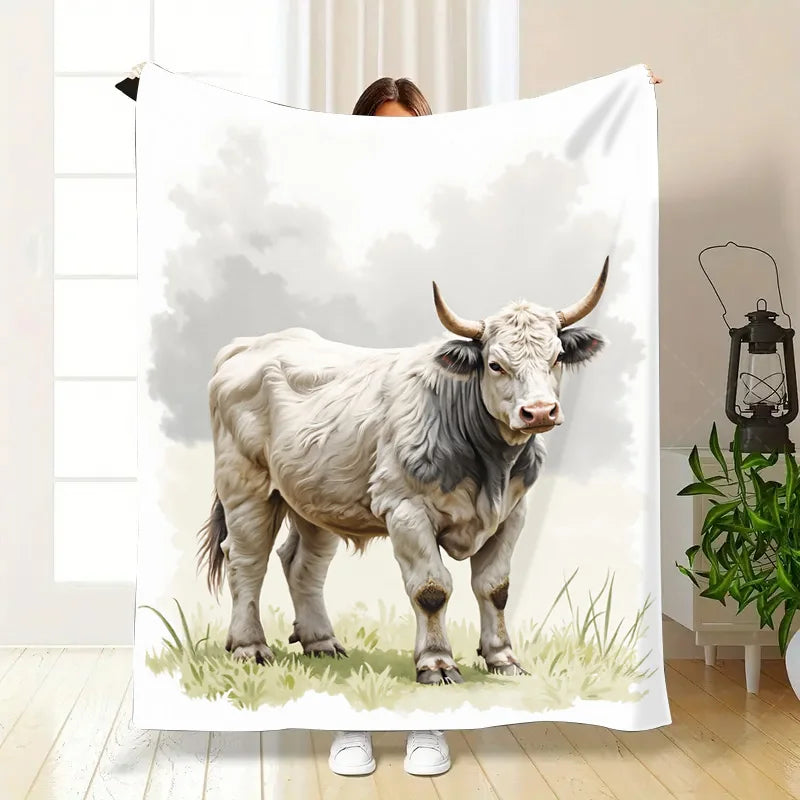 1pc Flannel Blanket Rustic Farmhouse Bull Blanket - Cozy Pastoral Scene Throw for Home Decor