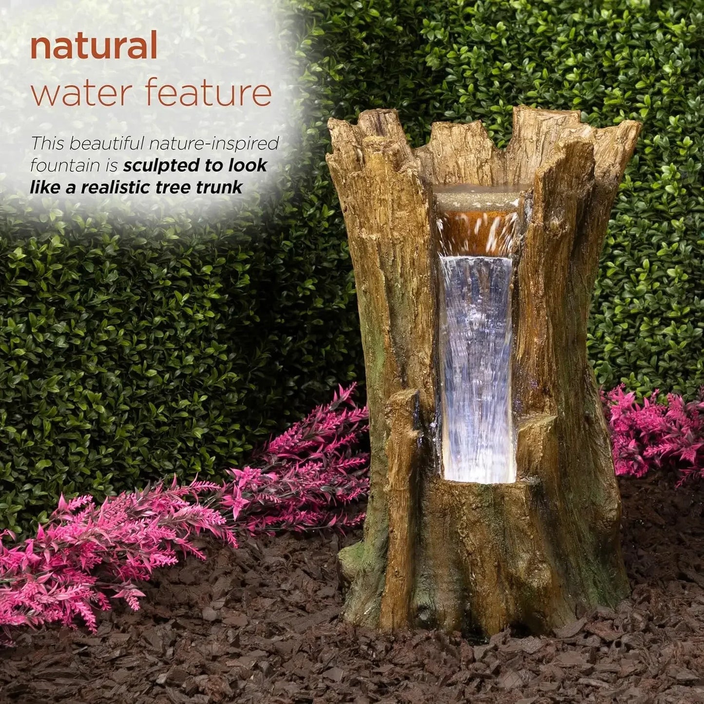 XMSJ.TZL294 Tree Trunk Fountain w/Cool White LED Lights, Waterfall for Garden, Patio, & Lawn, 22" H, Brown