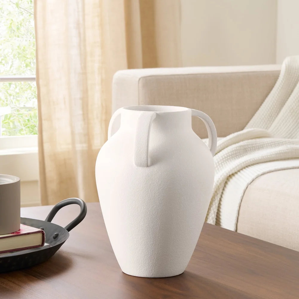 Handcrafted Ceramic Vase with Tapered Shape and Three Handles Decorative Home Accent Living Room Dining Office and More