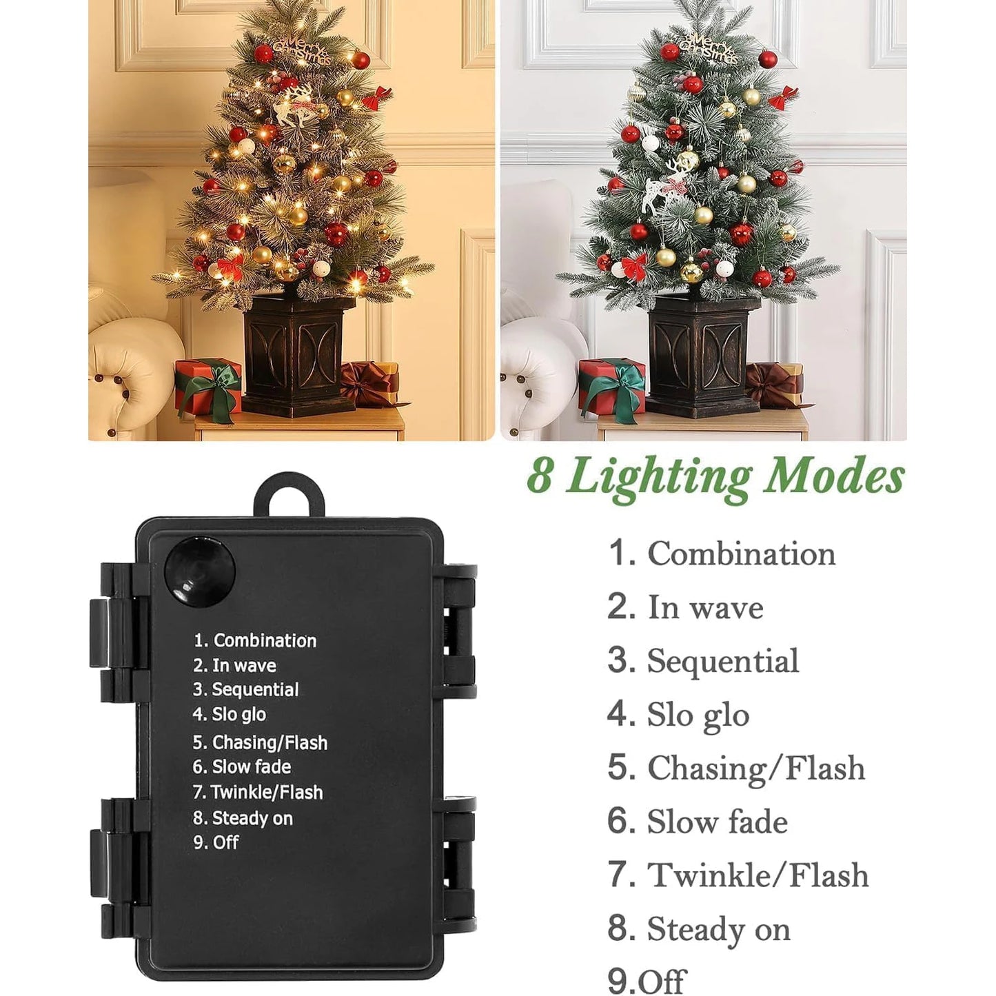 3 FT Pre-Lit Artificial Snow Flocked Christmas Tree with 78 LED White Lights 8 Lighting Modes Red Berries Brown Base