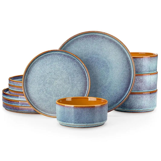 Onion Ceramic Plates And Bowls Sets, 12 Pieces Blue Dinnerware Sets For Kitchen, Reactive Glaze Dishes Set For 4, Dishwasher