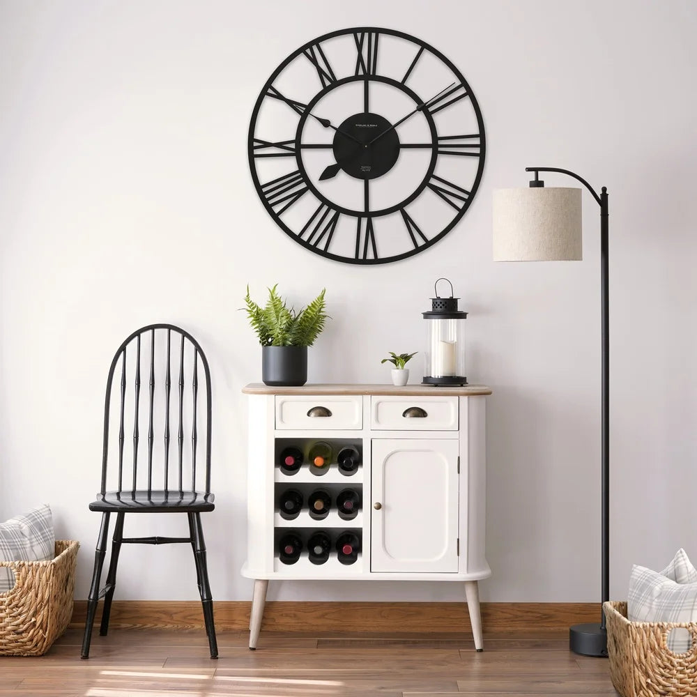 30inch Decorative Wall Clock Roman Numeral Design Battery Operated Elegant Matte Black Durable Home Accent Easy Installation