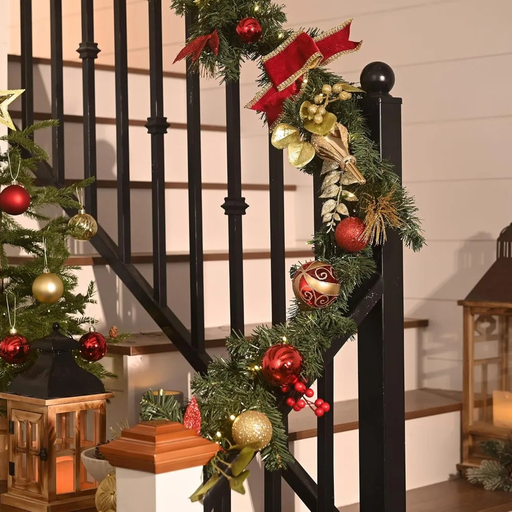Illuminated Christmas Garland with Red and Gold Balls and Ribbons, 9 Feet Long for Mantle and Outdoor Holiday Decorations