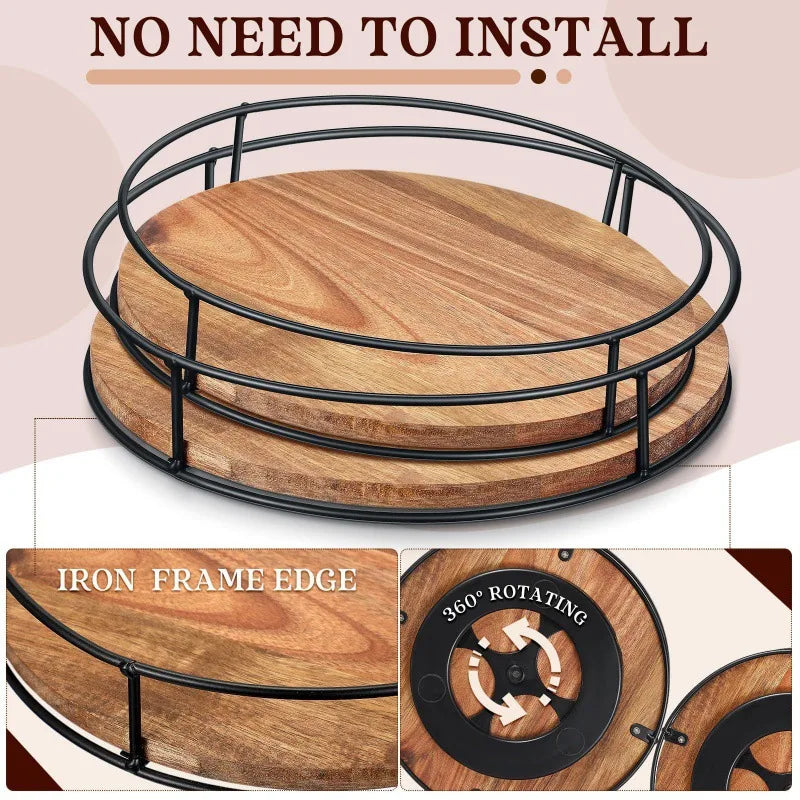 Wooden Rotating Tray, 360° Rotating Iron Ring Tray, Desktop Storage Magic Tool, Can Hold Tea, Seasonings, Stationery