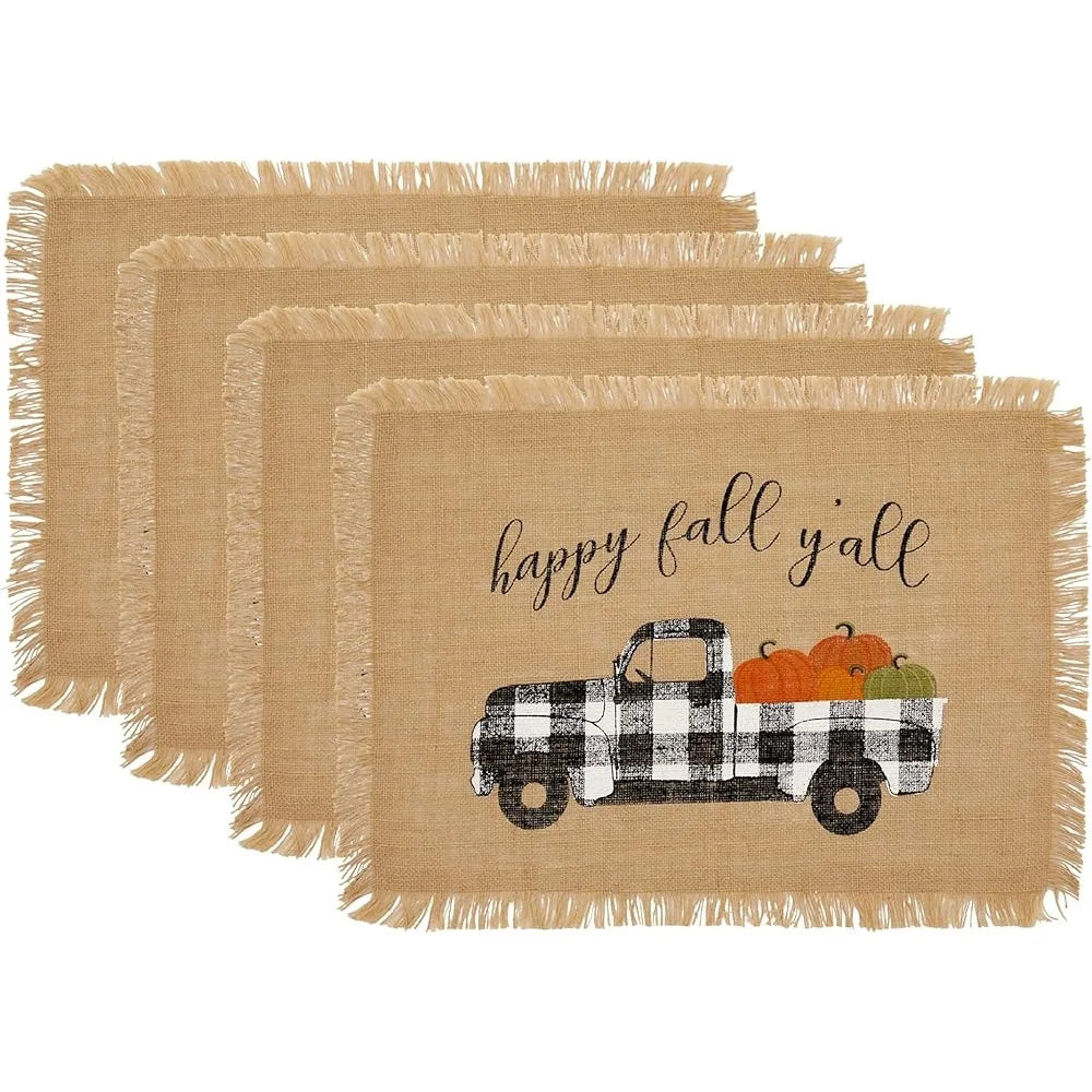 Rustic Burlap Placemats Set of 4 Autumn Farmhouse Decor Buffalo-Plaid Truck Pumpkins Thanksgiving Table Accessories