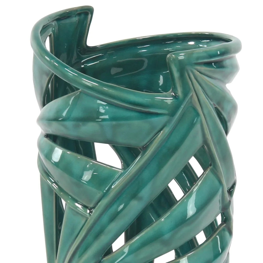 Modern Green Stoneware Vase with Triangular Cut Out Designs Home Decoration Indoor Use Glossy Finish Elegant Accent Piece