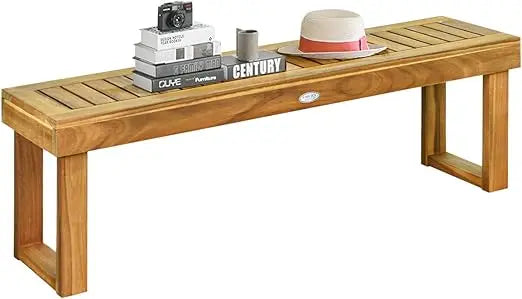 52” Outdoor Acacia Wood Garden Bench, Patio Wood Dining Bench with Slatted Seat, Wooden Backless Bench for Outdoors & I