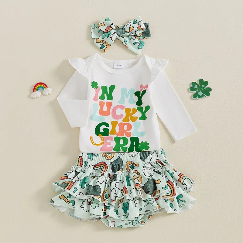 St Patrick s Day Toddler Girl Green Shamrock Print Long Sleeve Romper Ruffles Shorts Headband 3-Piece Outfit Set