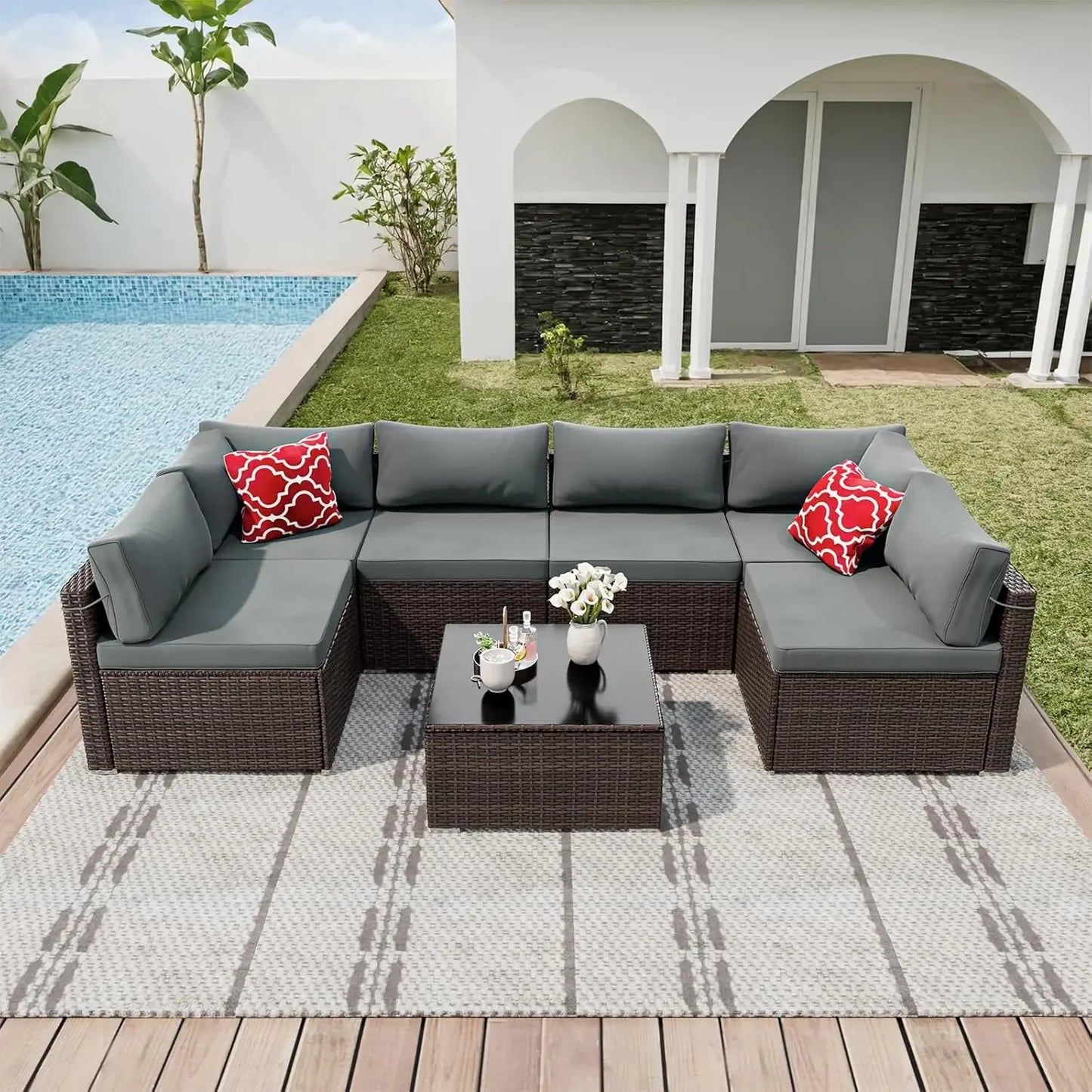 7 Pieces Patio Furniture Sets, Outdoor All-Weather Sectional Patio Sofa Set PE Rattan Manual Weaving Wicker Patio Conversation