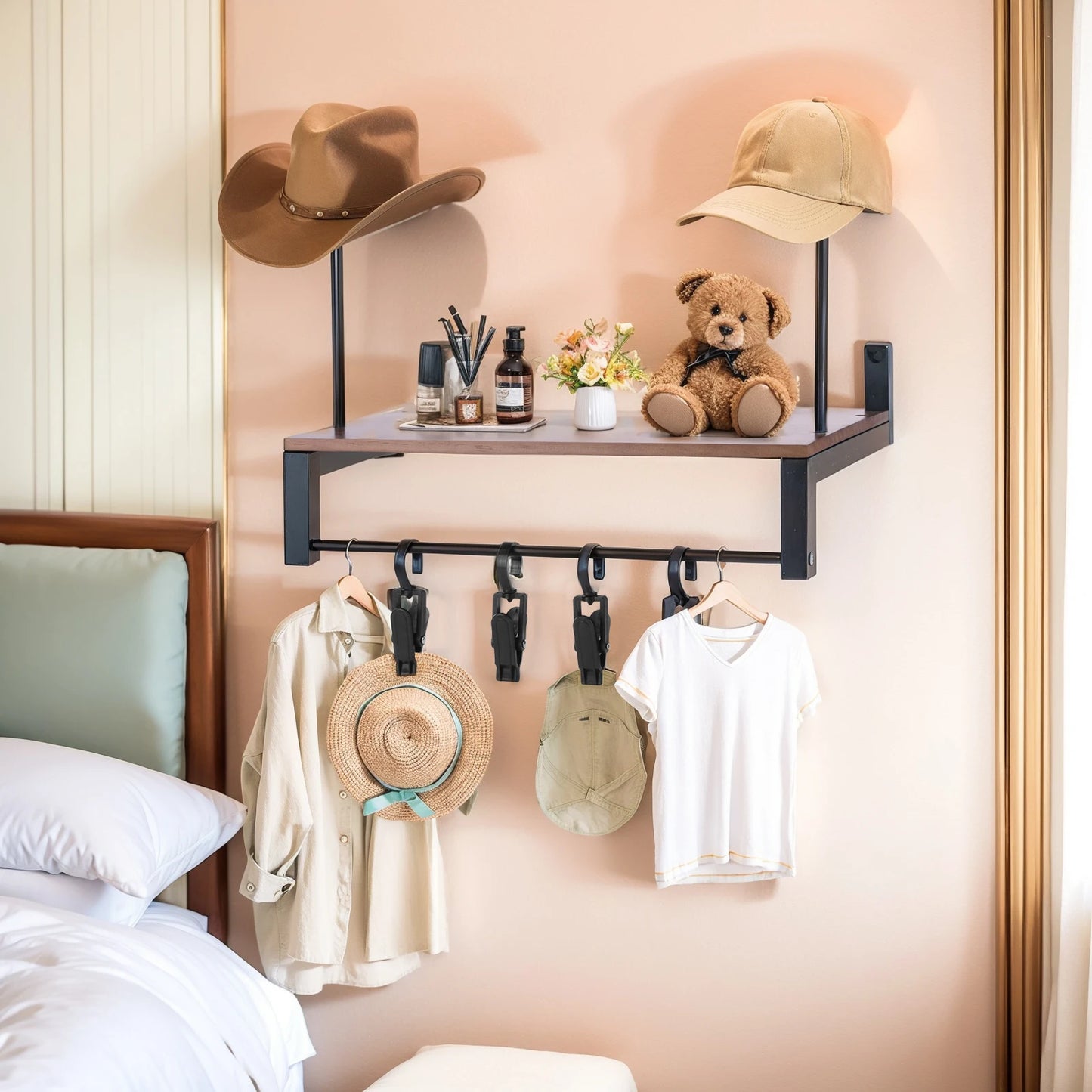 Wooden Helmet Organizer Rack with 5 Hooks Helmet Hanger Wear Resist Metal Helmet Stand for Motorcycle Accesories Storage