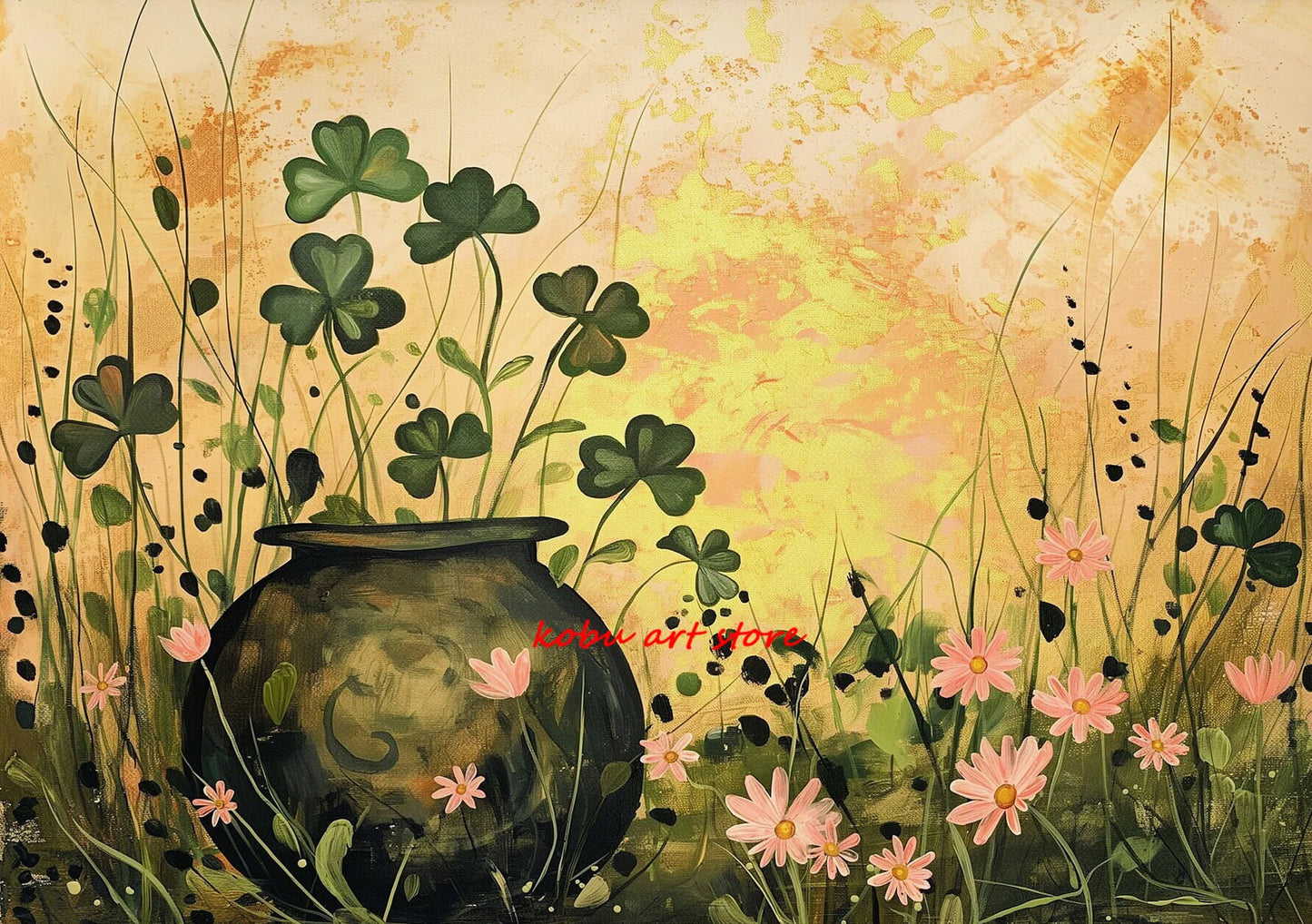 Four Leaf Clover Green Wildflower Field Shamrock Poster Print Canvas Painting St Patricks Day Wall Art Picture Home Room Decor