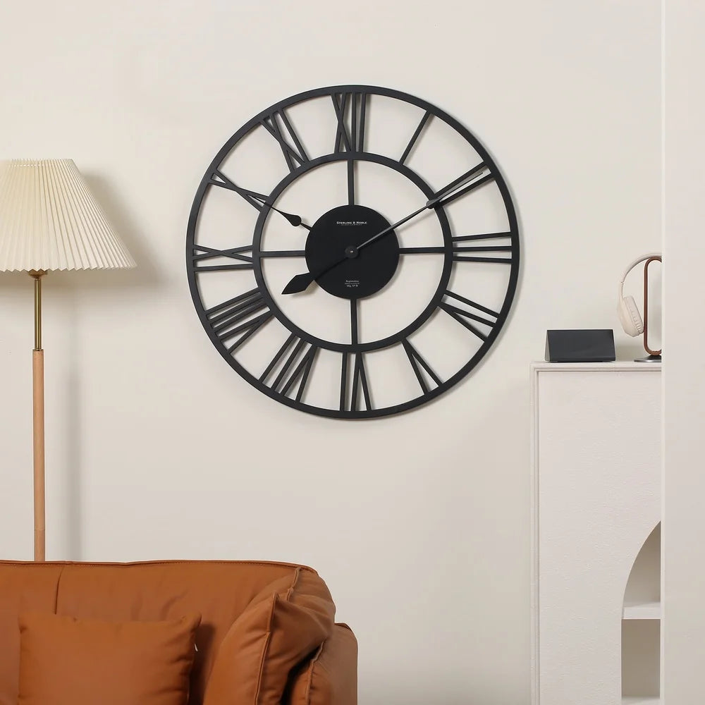 30inch Decorative Wall Clock Roman Numeral Design Battery Operated Elegant Matte Black Durable Home Accent Easy Installation