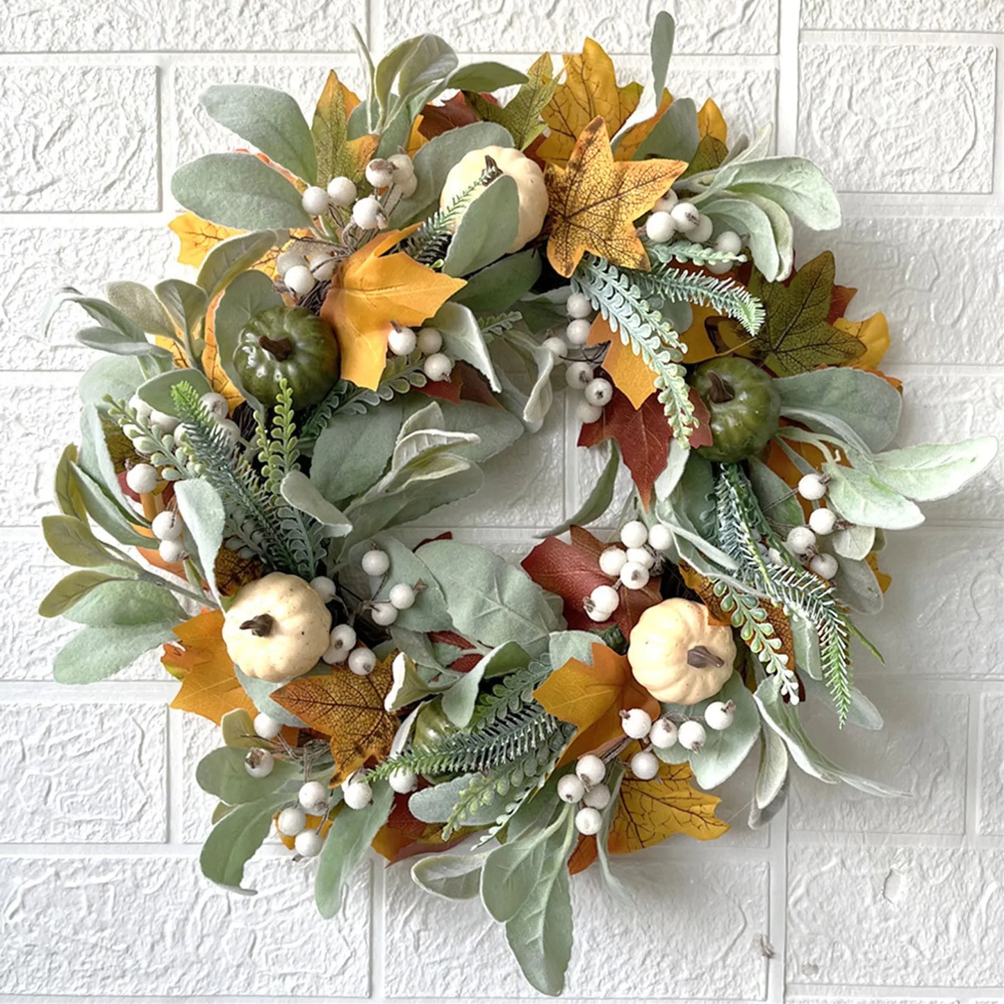 Autumn Wreath Artificial Maple Leaf White Pumpkin Door Wreath Fall Garland For Halloween Thanksgiving Hanging Ornaments