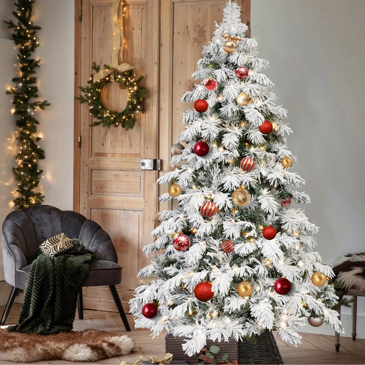 Artificial Flocking Christmas Tree with Warm White Ball Lights PVC Holiday Decoration Xmas Tree with Sturdy Metal Stand Base